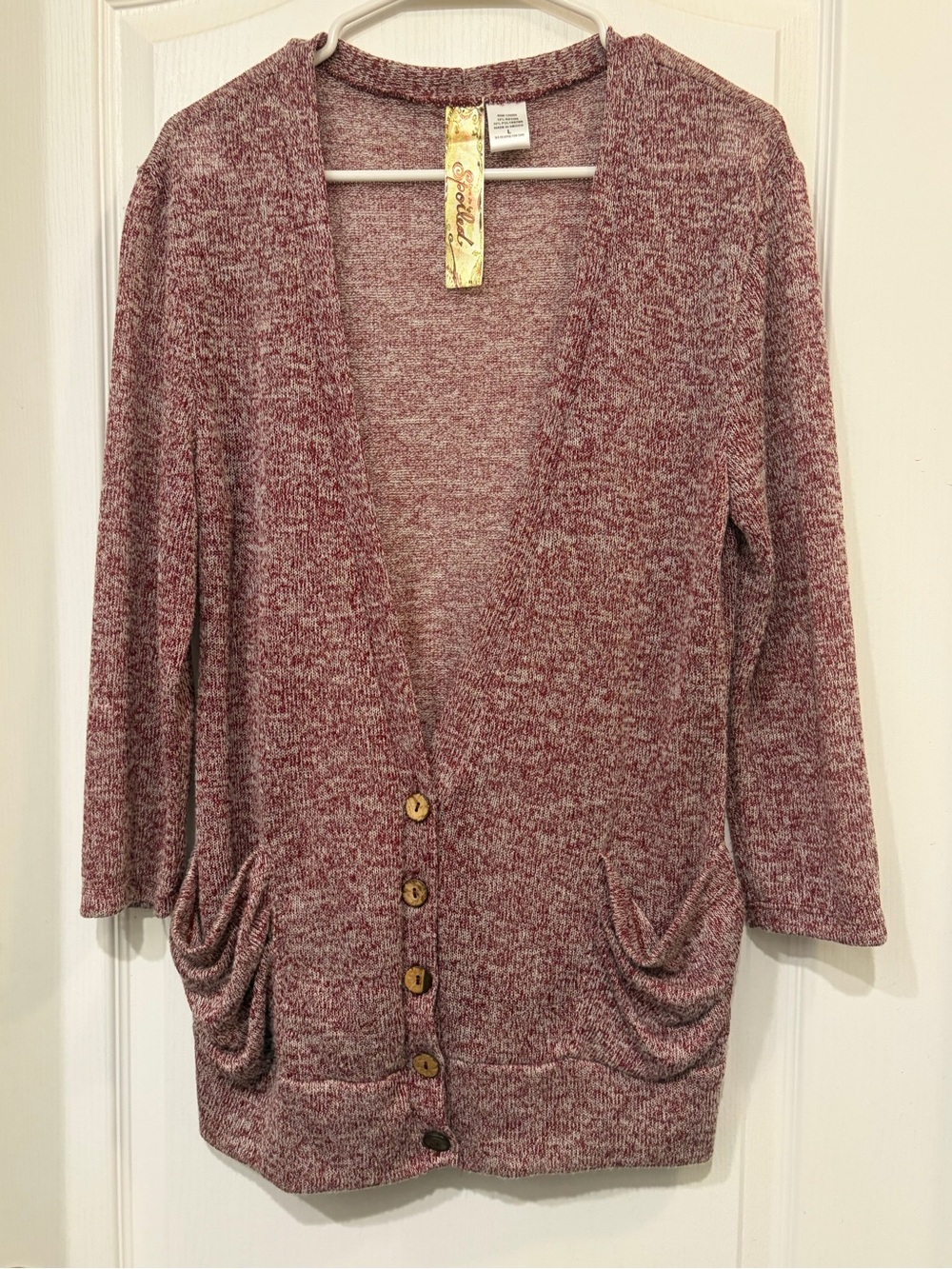 Marled Open-Front Button Cardigan Sweater - Pink
